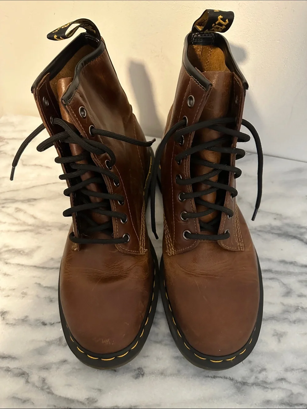Dr. Martens Brown Leather 8-Eye Lace-Up Boots with Yellow Stitching size 9